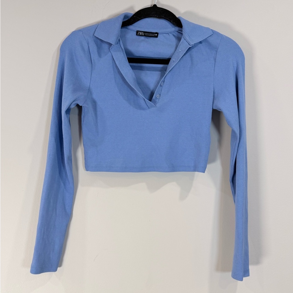 🔥Zara Women's Cropped Long-Sleeve Polo Top - Blue Size M EC🔥